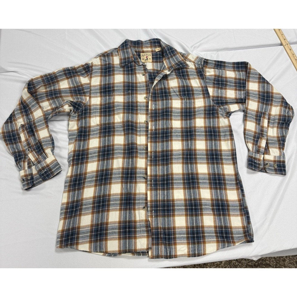 RedHead Mens Plaid Flannel Button Up Shirt Large Brown Blue Cream Long Sleeve